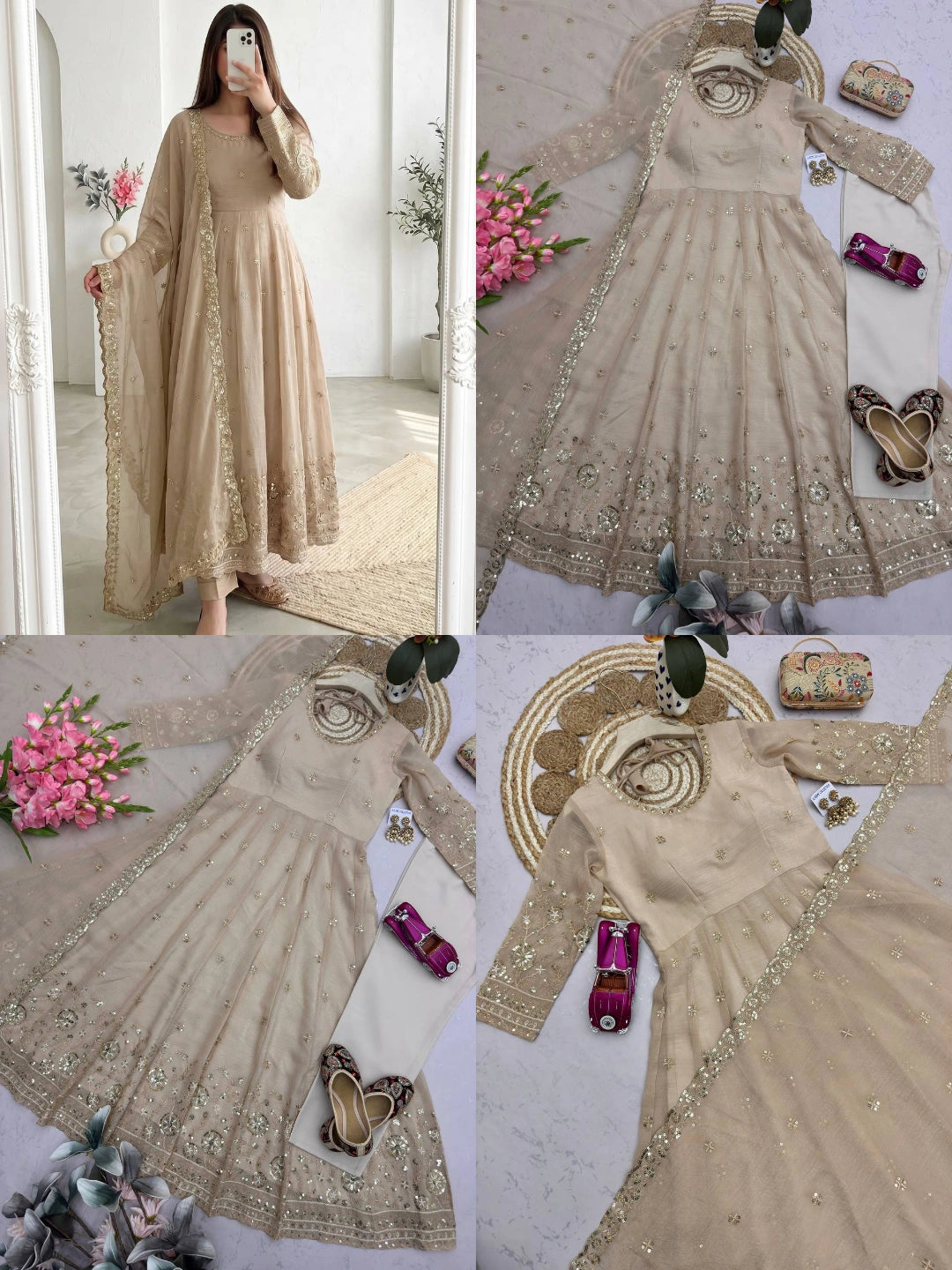 Beige Sequins Embroidered Suit Flat Lay – Complete Set View